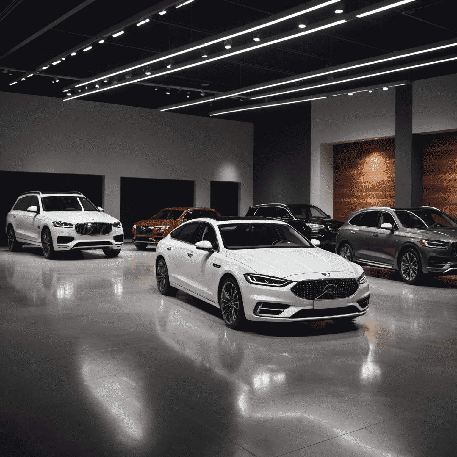 Various luxury car models including sedans and SUVs parked in a showroom with spotlights