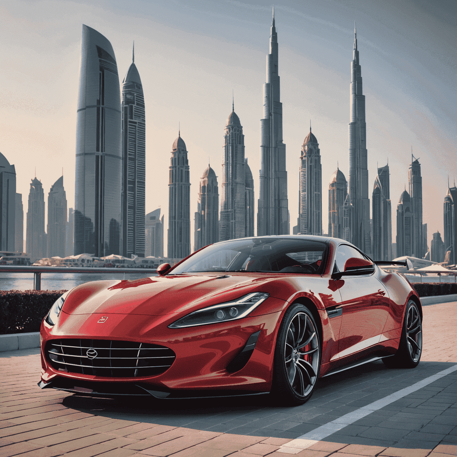 A sleek, red luxury sports car with aerodynamic design, showcasing its powerful engine through a transparent hood. The car is parked in front of a modern Dubai skyline, emphasizing its connection to the Emirates.