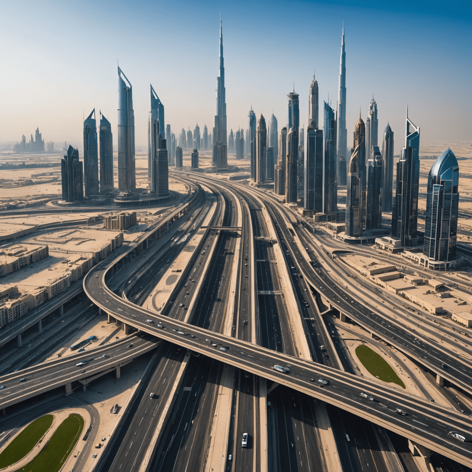 Aerial view of Dubai's modern highway system with iconic skyscrapers in the background, showcasing the city's impressive road infrastructure