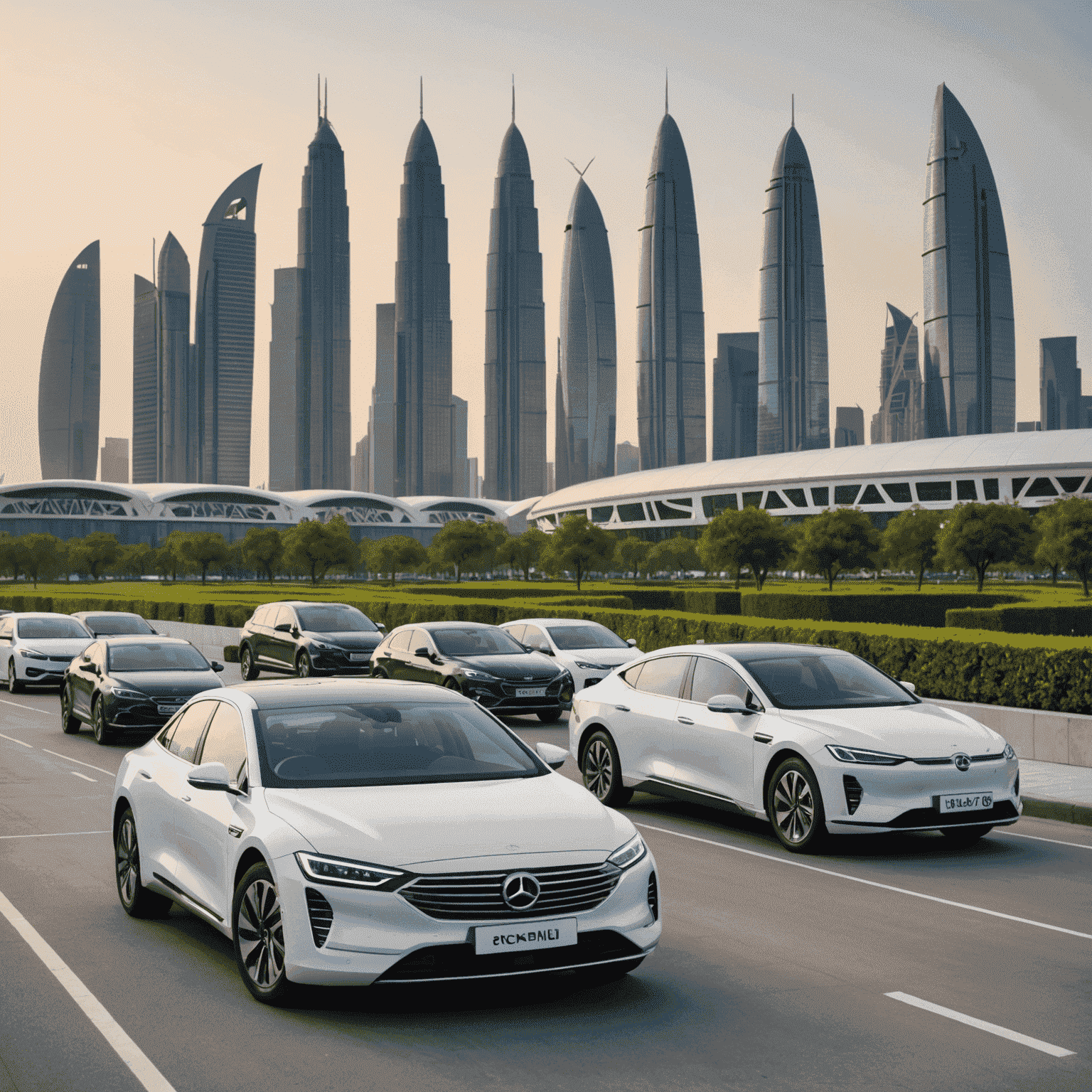 A lineup of sleek hybrid and electric vehicles parked in front of iconic Emirates skyline, showcasing modern eco-friendly car options