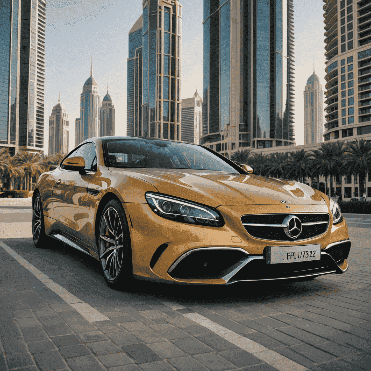 A luxurious sports car parked in front of a Dubai skyscraper, showcasing the opulence of Emirate car rentals