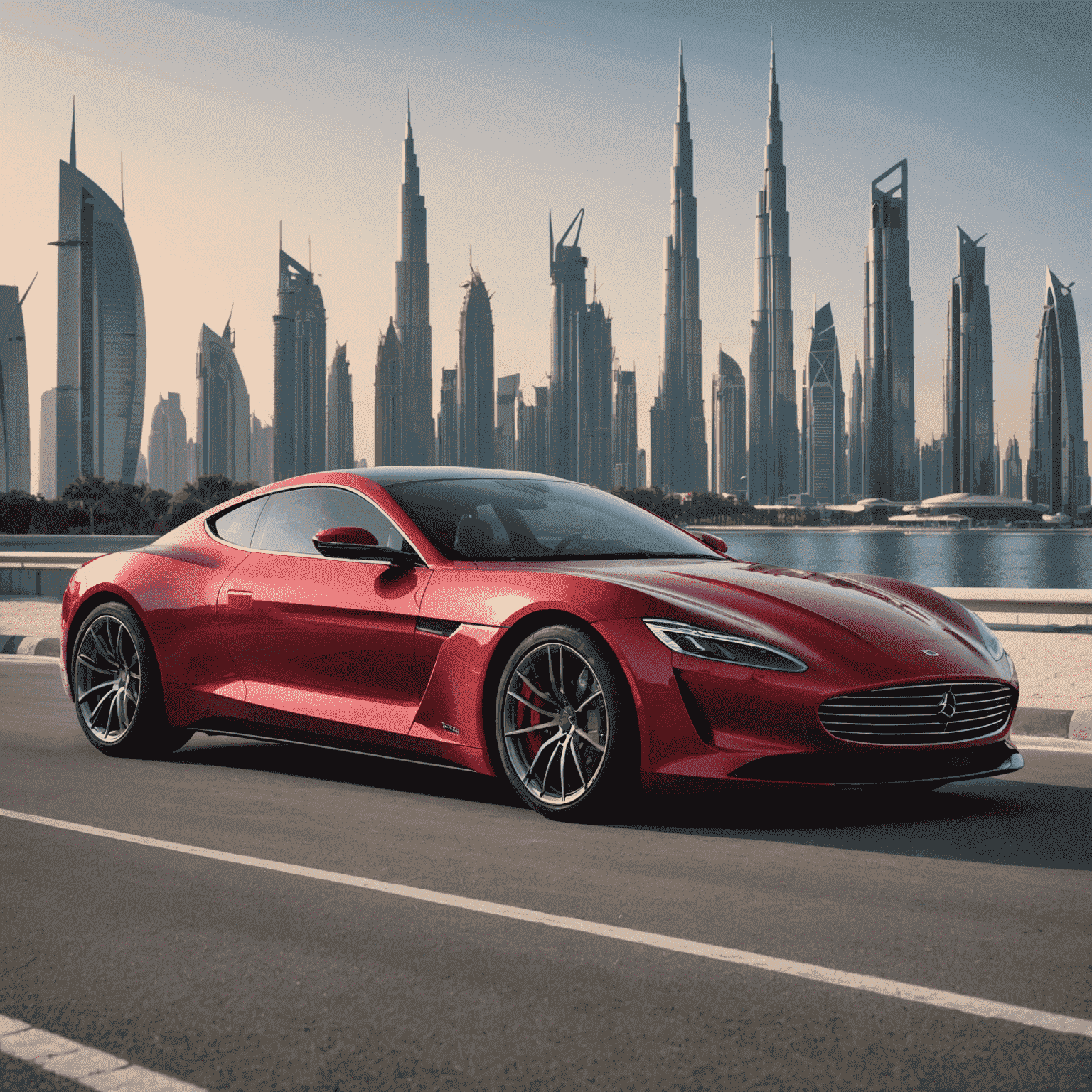 A sleek red luxury sports car with aerodynamic design, parked in front of a modern Dubai skyline