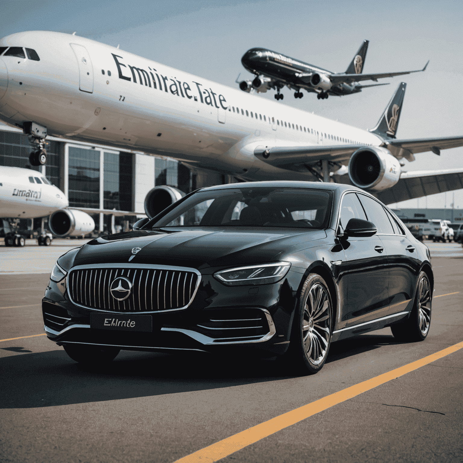 A luxurious car parked at an airport terminal, ready to pick up passengers. The car is sleek and black, with the Emirate Car Rental logo visible on its side. In the background, you can see the modern architecture of the airport and planes taking off.