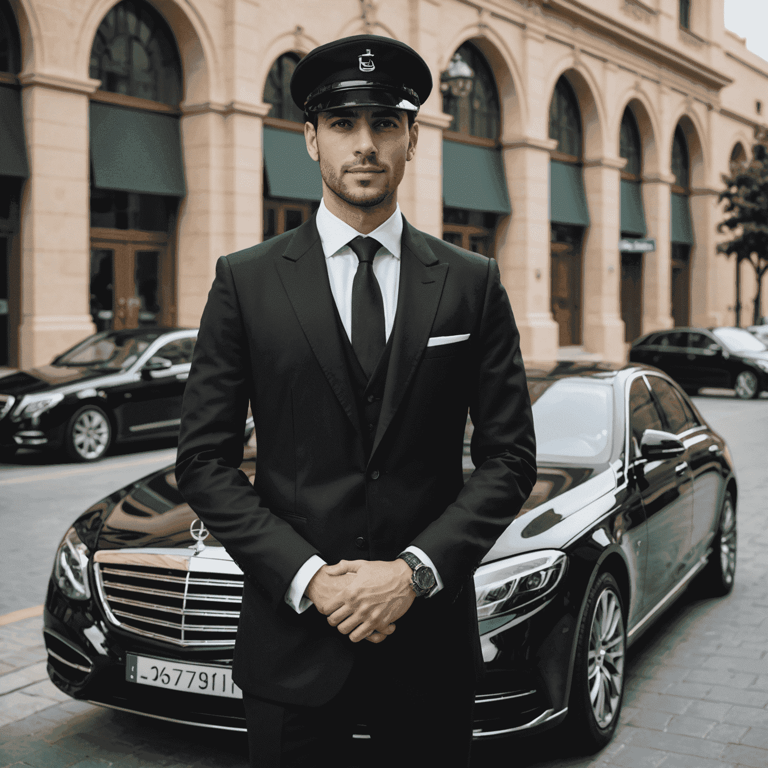 A professional chauffeur standing next to a luxury car, dressed in a formal black suit with a cap, ready to provide excellent service in the Emirates