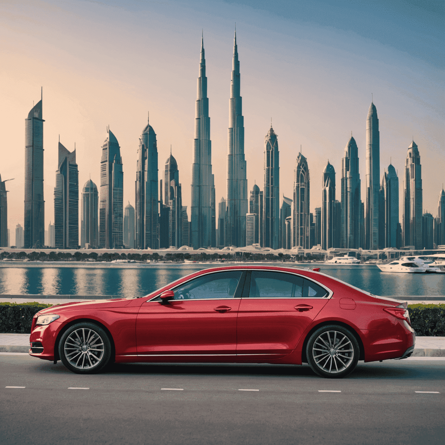 A luxurious red sedan parked in front of a modern Dubai skyline, symbolizing long-term car rental in the UAE