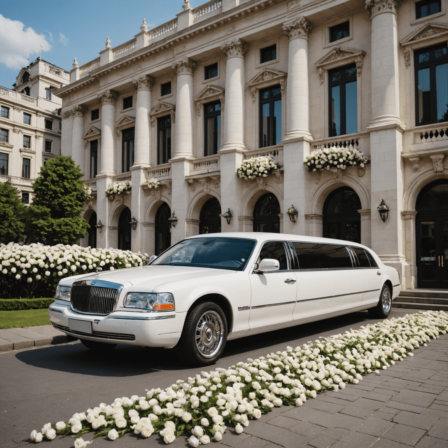 A luxurious white limousine decorated with flowers, parked in front of a grand wedding venue