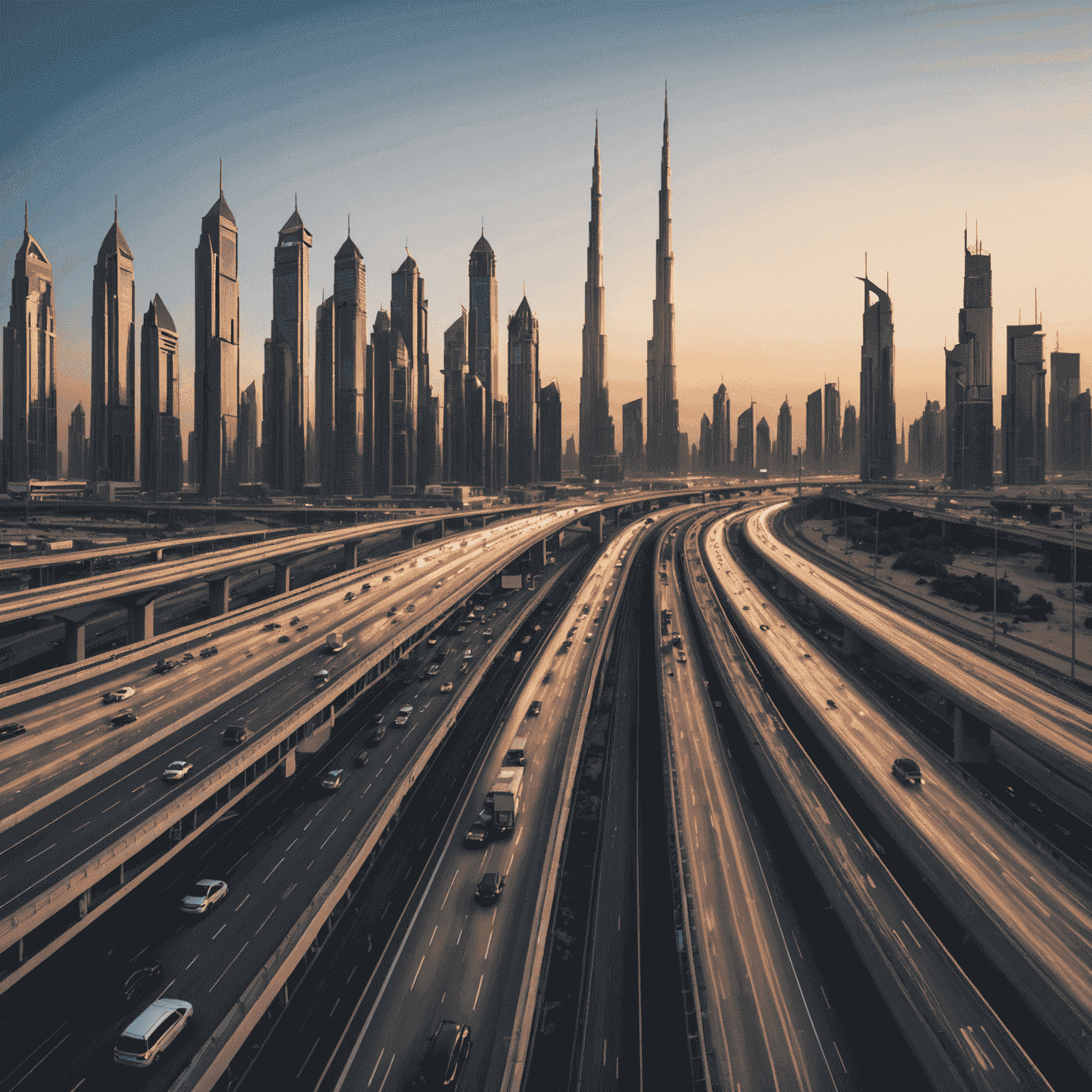 Dubai skyline with busy highway in foreground, showing multiple lanes of traffic