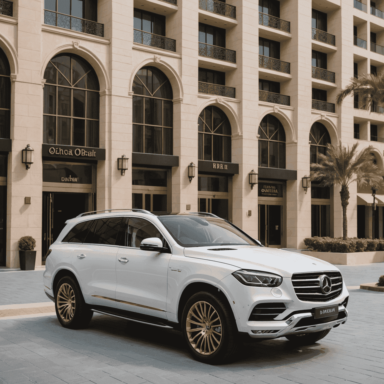 An elegant, white luxury SUV with rose gold accents, parked in front of a luxurious Dubai hotel. The vehicle's spacious interior is visible through open doors, showcasing premium leather seats and advanced dashboard technology.