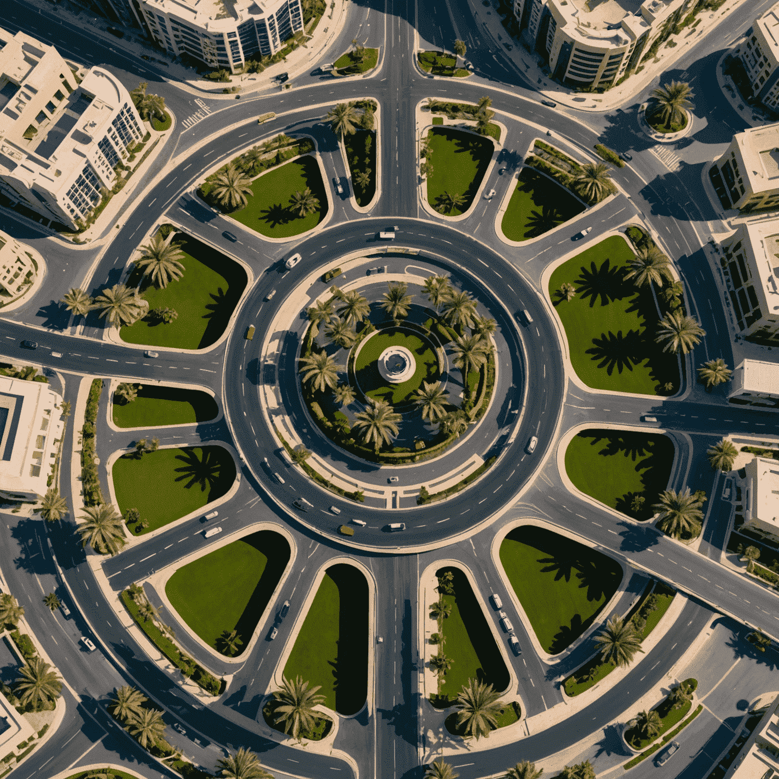 A Dubai roundabout with palm tree decorations and multiple lanes, demonstrating the city's unique road designs