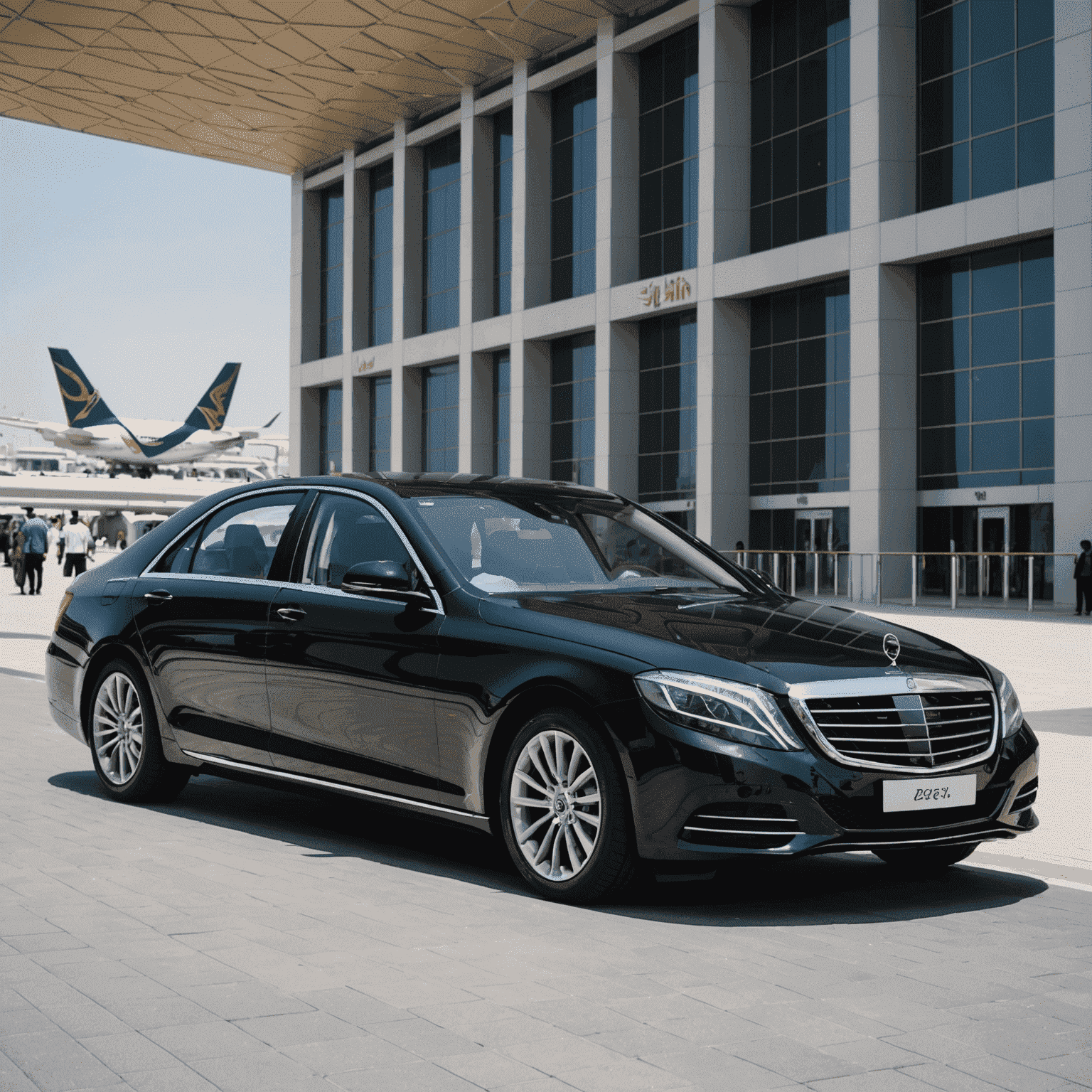 A sleek black sedan waiting at Dubai International Airport, ready for passenger pickup