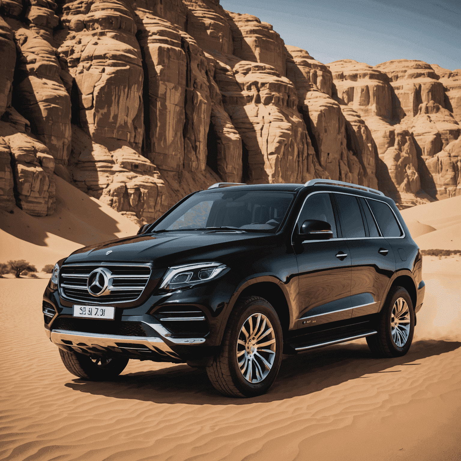 A luxurious black SUV with chrome details, perfect for desert adventures in the Emirates