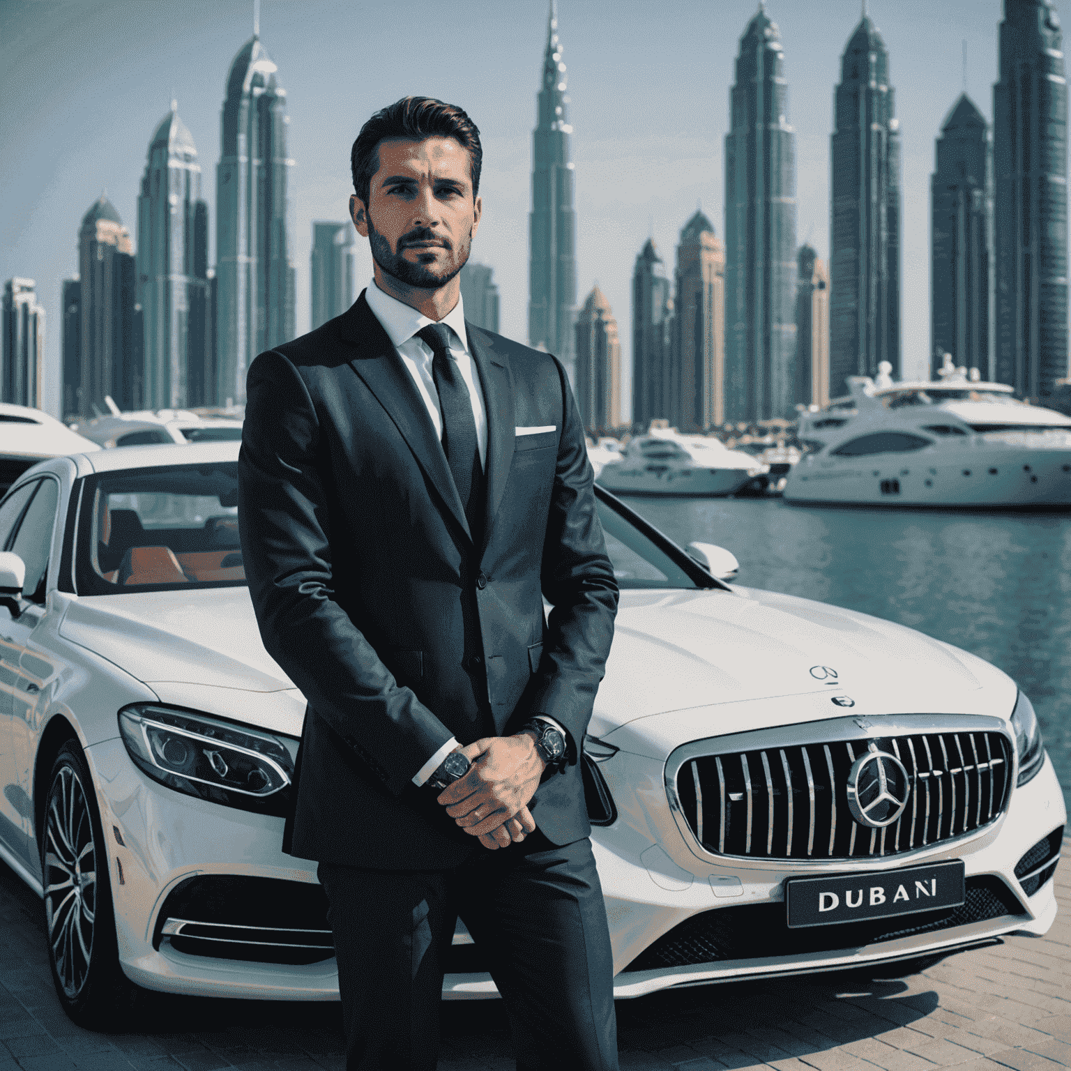 A businessman in a suit standing next to a luxury car with the Dubai Marina in the background, representing long-term car rental for business trips