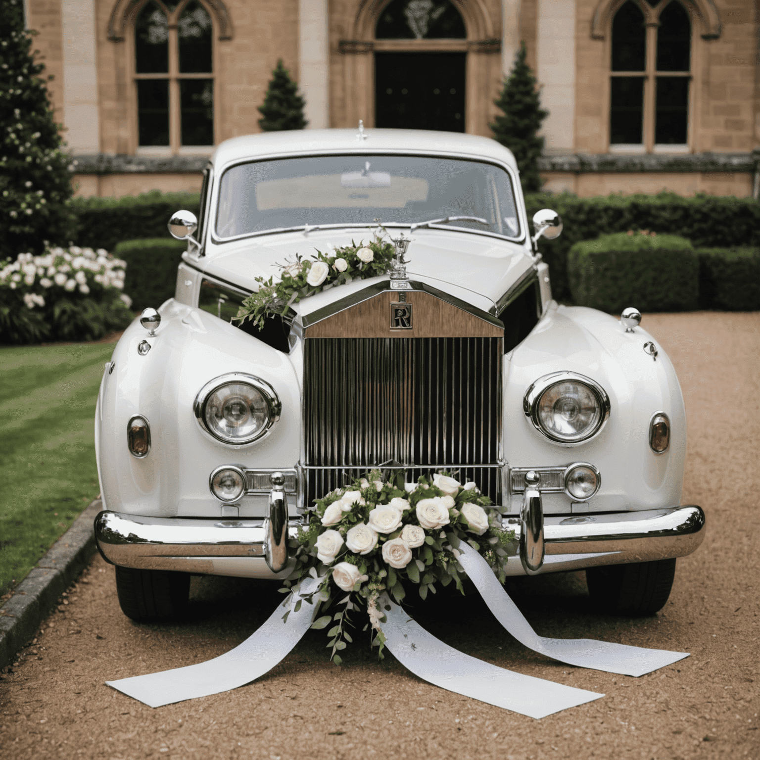 A classic white Rolls-Royce adorned with ribbons and flowers, perfect for a wedding