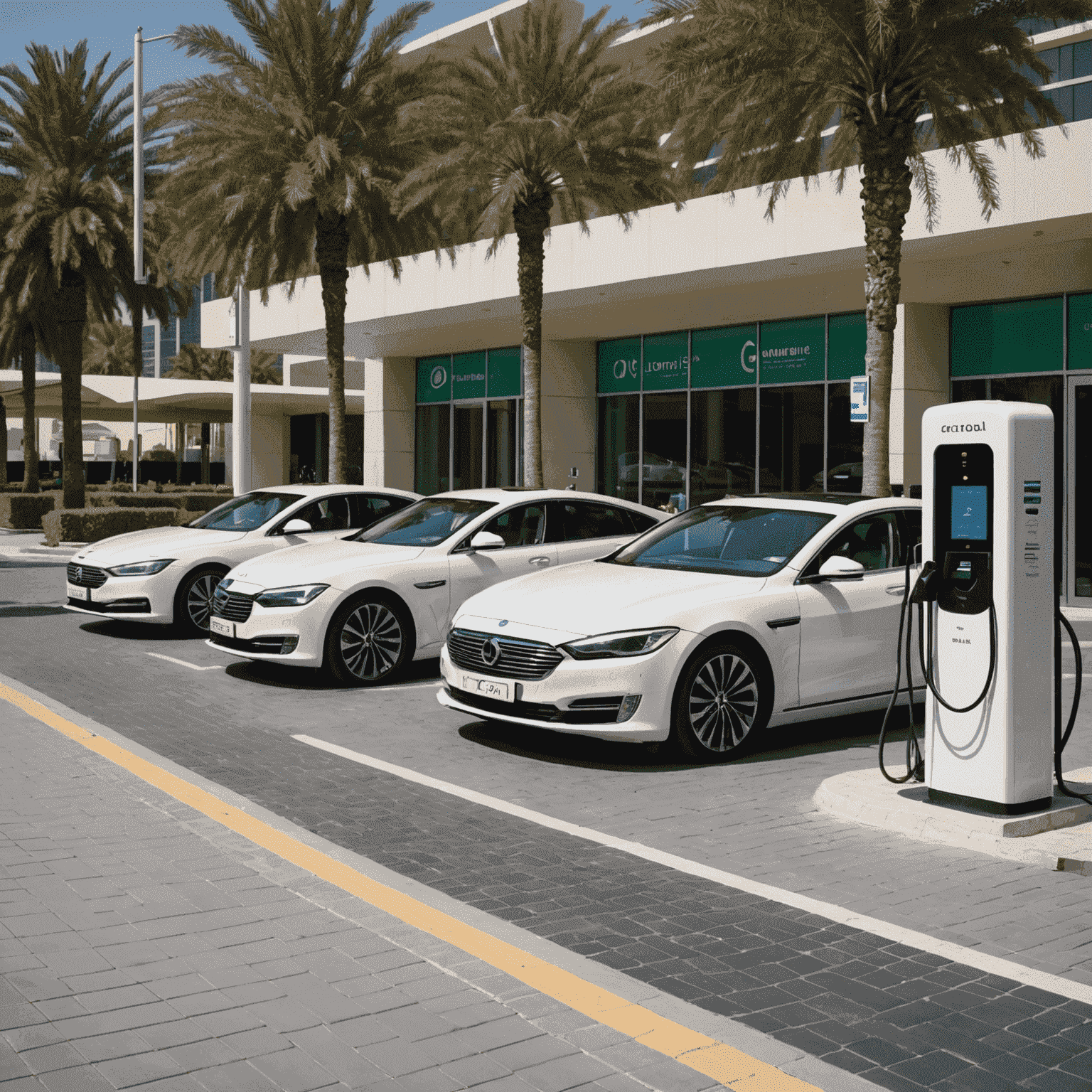 Electric and hybrid luxury cars charging at a modern charging station in Dubai