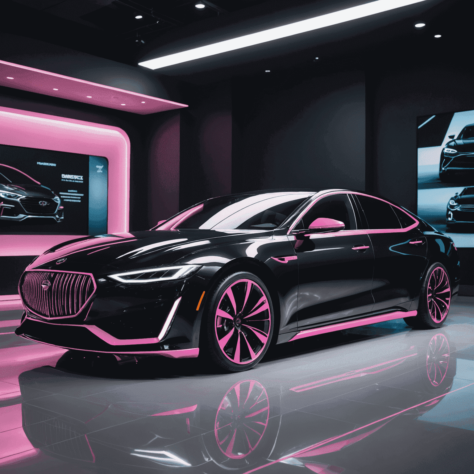 A sleek, black luxury sedan with pink accent lines, showcasing its aerodynamic profile. The car is displayed in a high-tech showroom with futuristic lighting, emphasizing its advanced features and Emirate luxury.