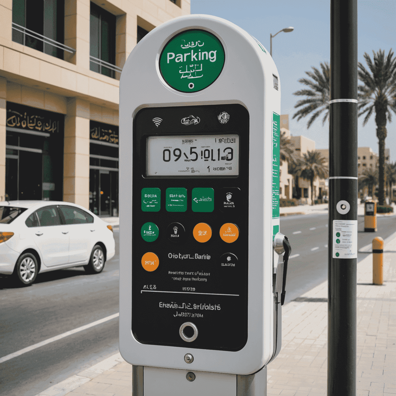 A modern parking meter in Dubai with instructions in Arabic and English, showcasing the city's parking system