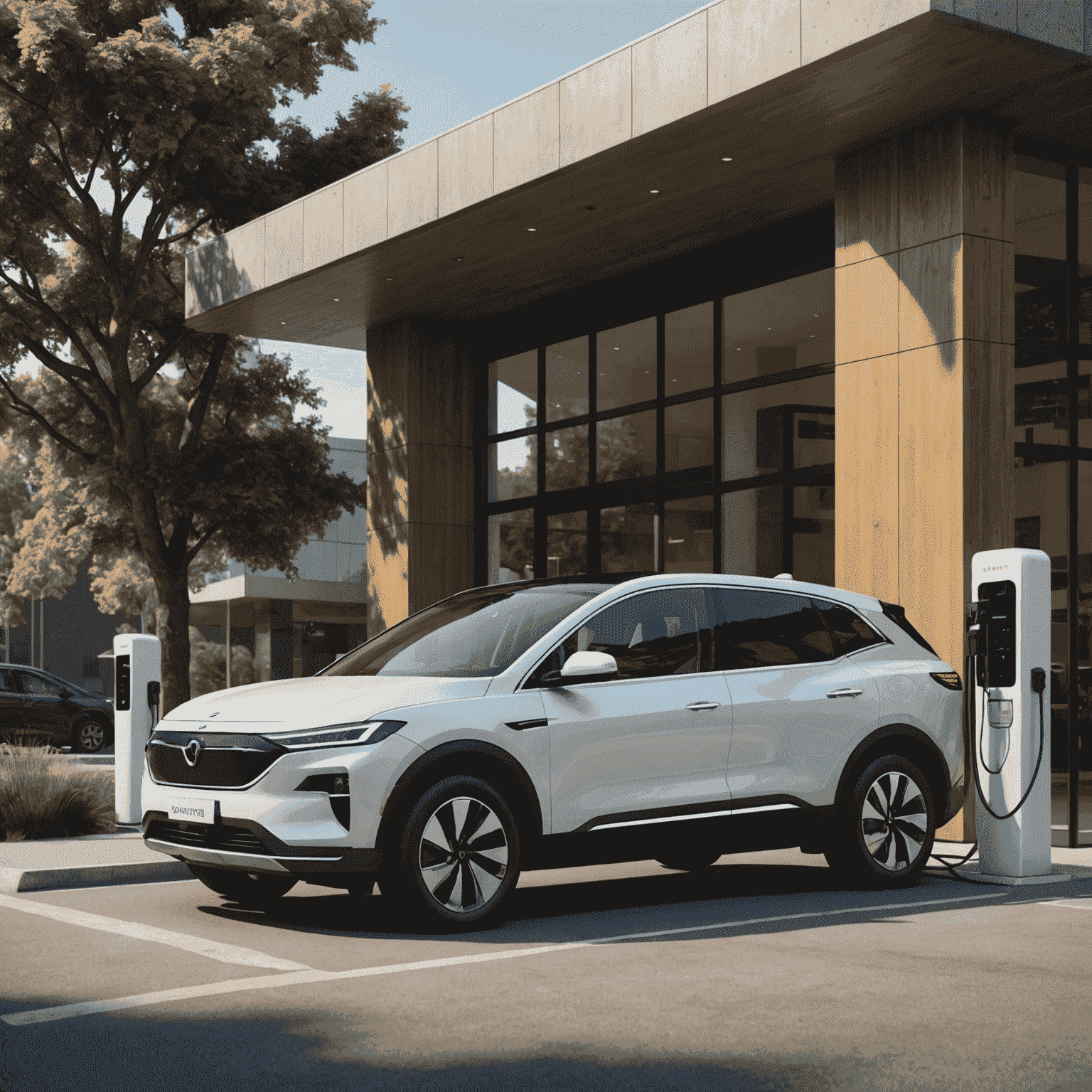 A spacious electric SUV charging at a station, showcasing its eco-friendly features