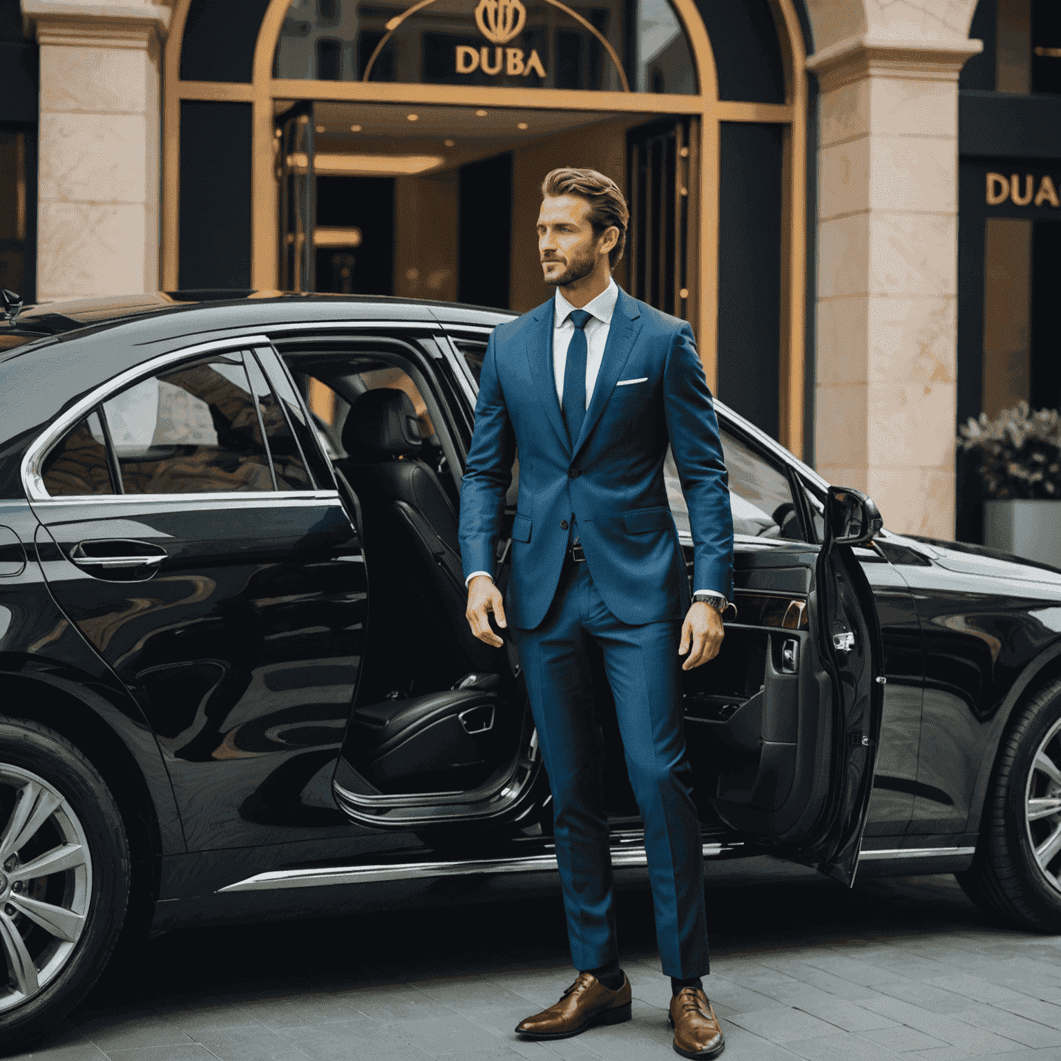 A professional chauffeur in a suit opening the door of a luxury car in front of a high-end Dubai hotel