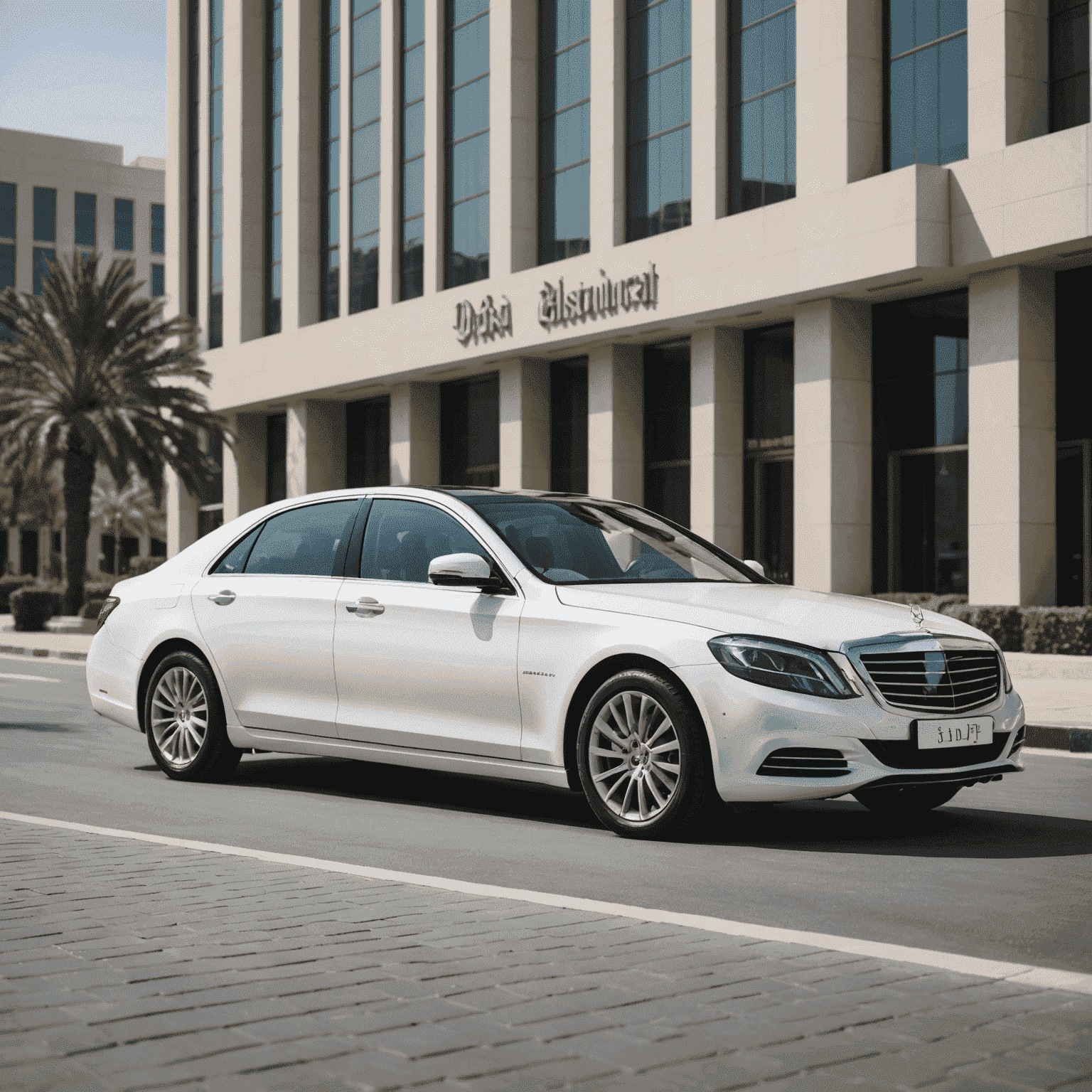 An elegant white executive sedan with tinted windows, perfect for business travel in Dubai