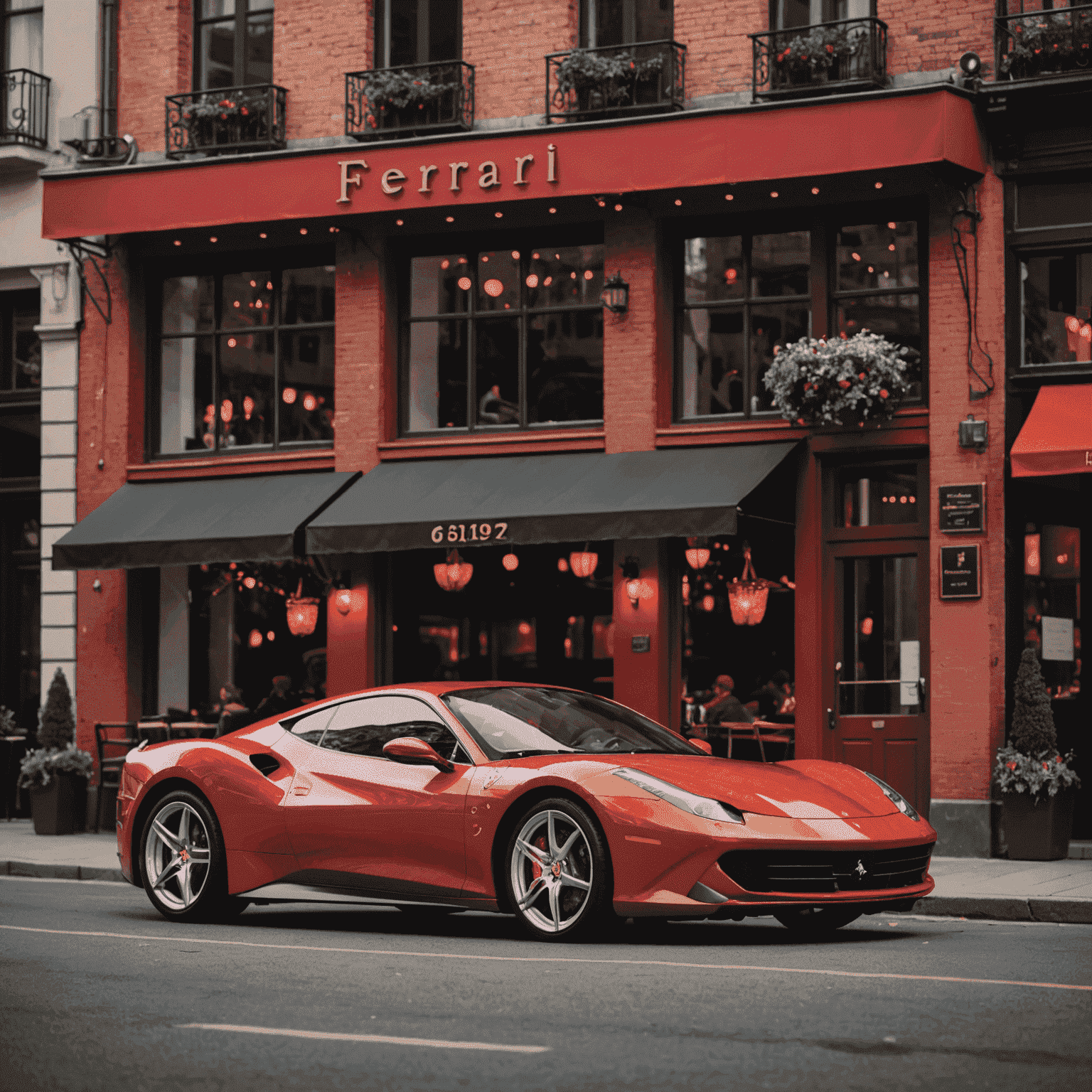 A sleek red Ferrari parked in front of a romantic restaurant, ready for an anniversary celebration