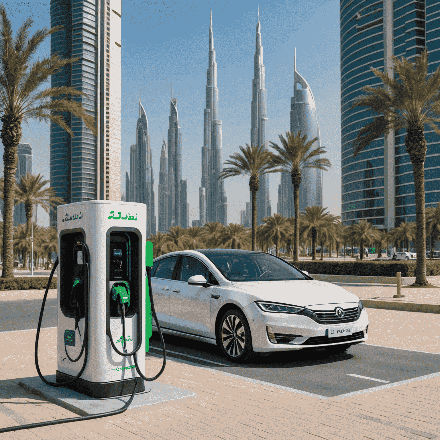 A modern electric vehicle charging station with Dubai skyline in the background, highlighting the Emirates' commitment to eco-friendly infrastructure