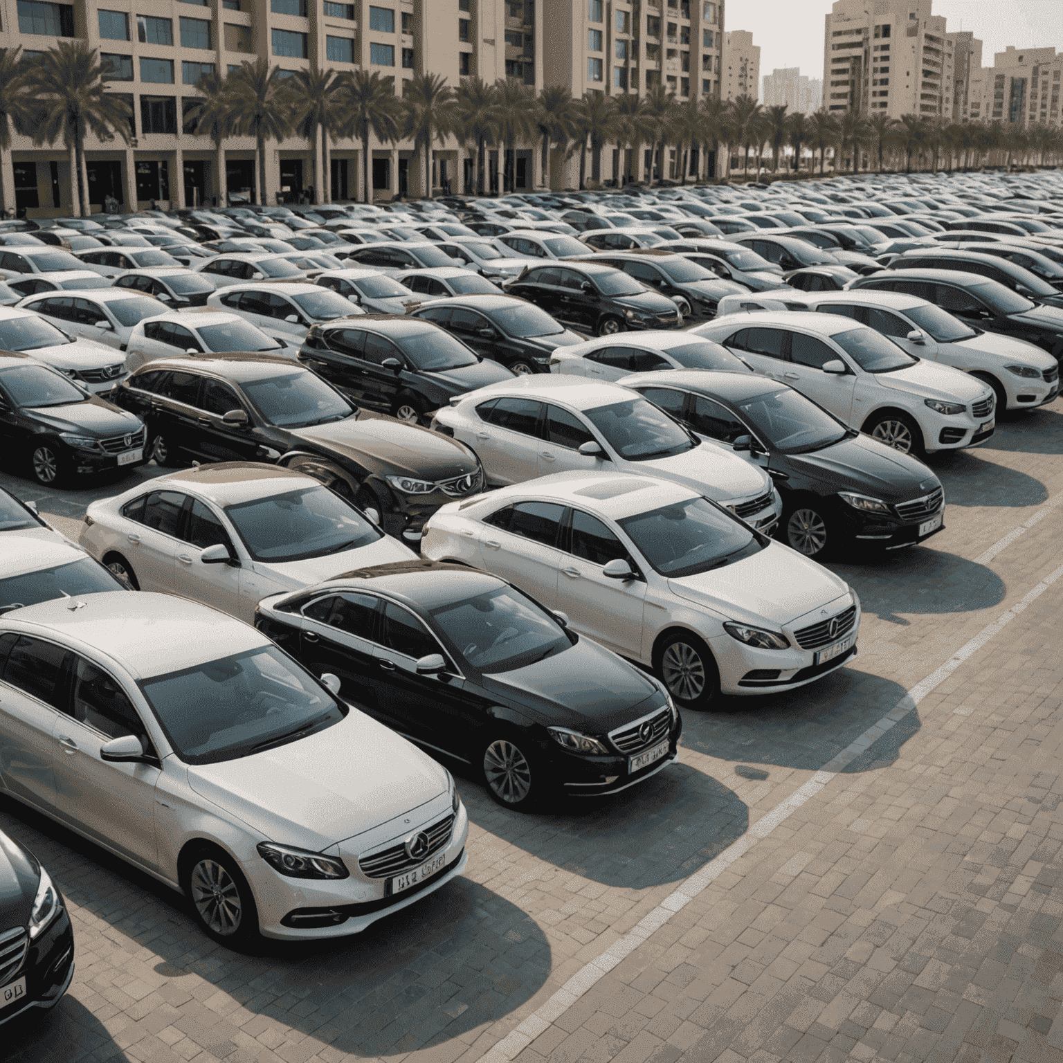 A diverse fleet of cars parked in a row, showcasing options for long-term rentals in the UAE