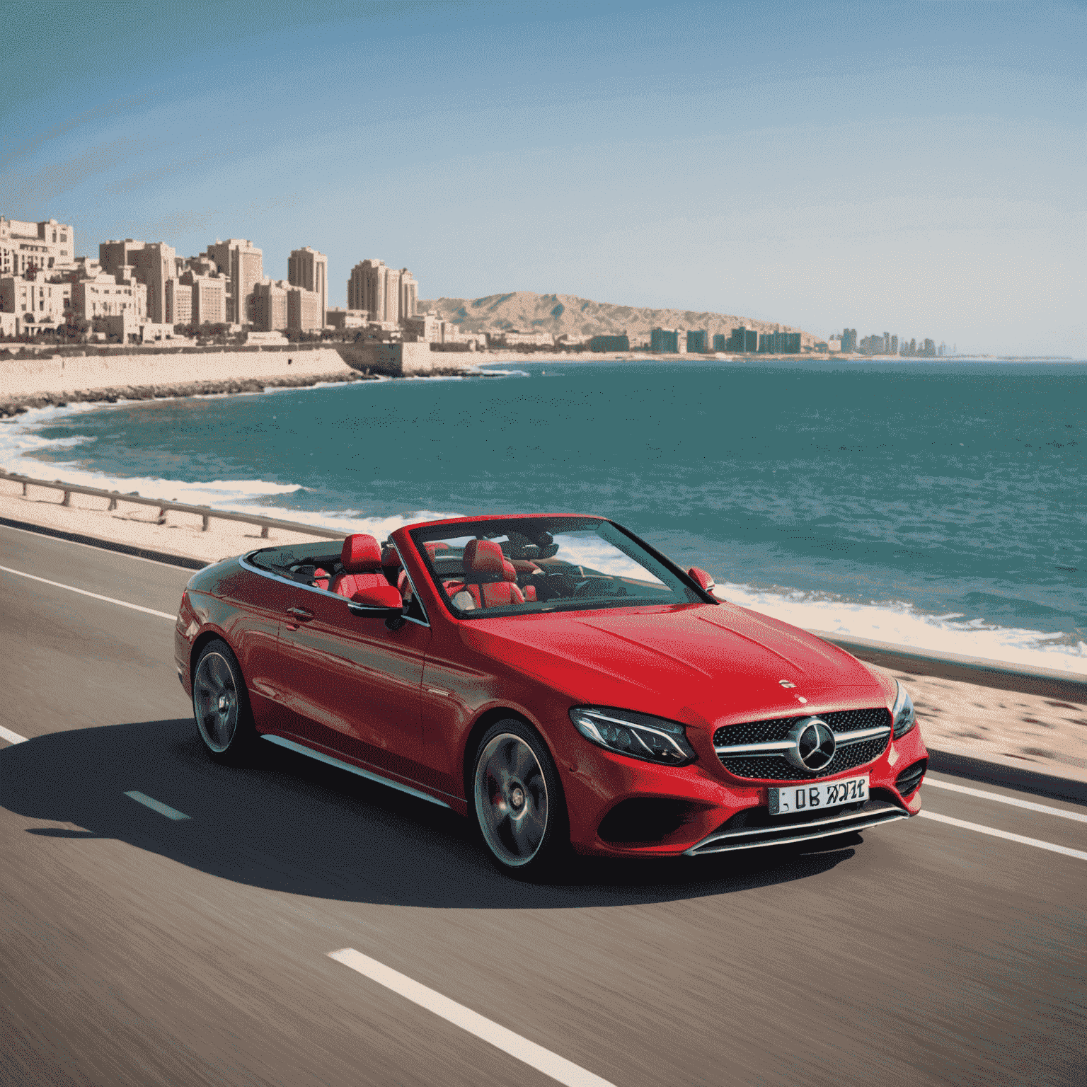 A stylish red convertible with the top down, cruising along the Emirates coastline