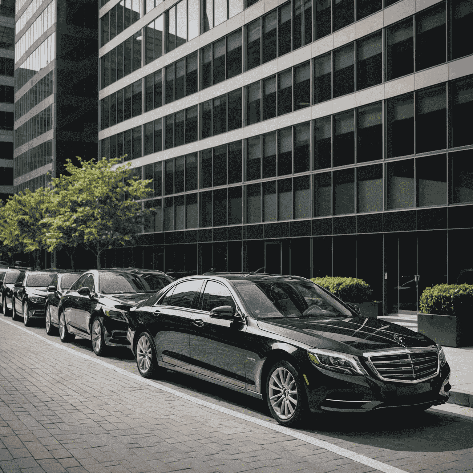 A fleet of black executive sedans lined up outside a modern corporate building