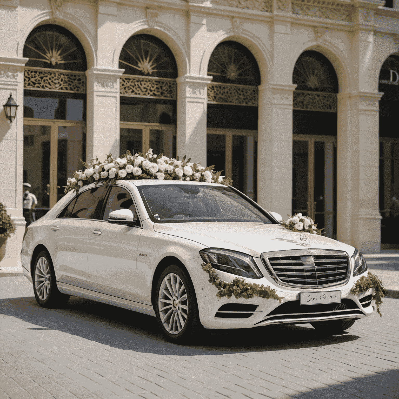 A luxurious white car decorated with flowers, perfect for a wedding in Dubai